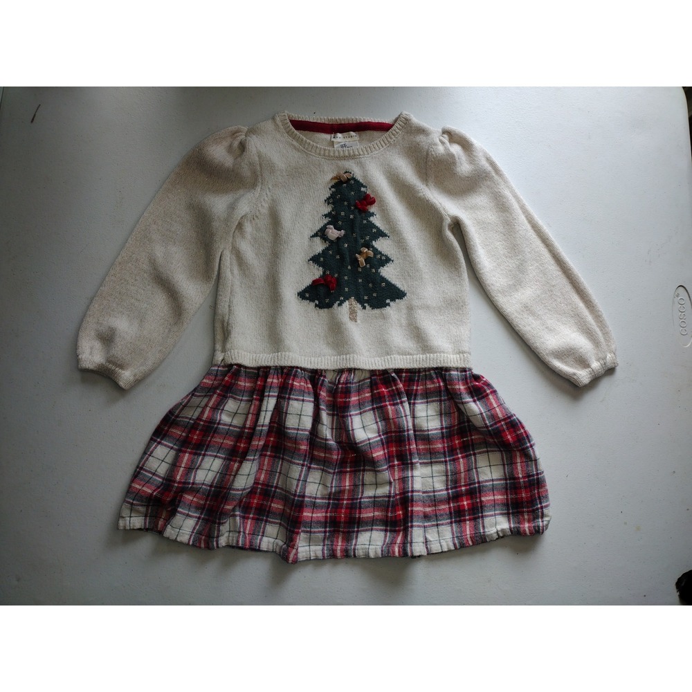 Max Studio Kids 5T Christmas Sweater Dress Plaid Skirt Metallic Tree Velvet Bows